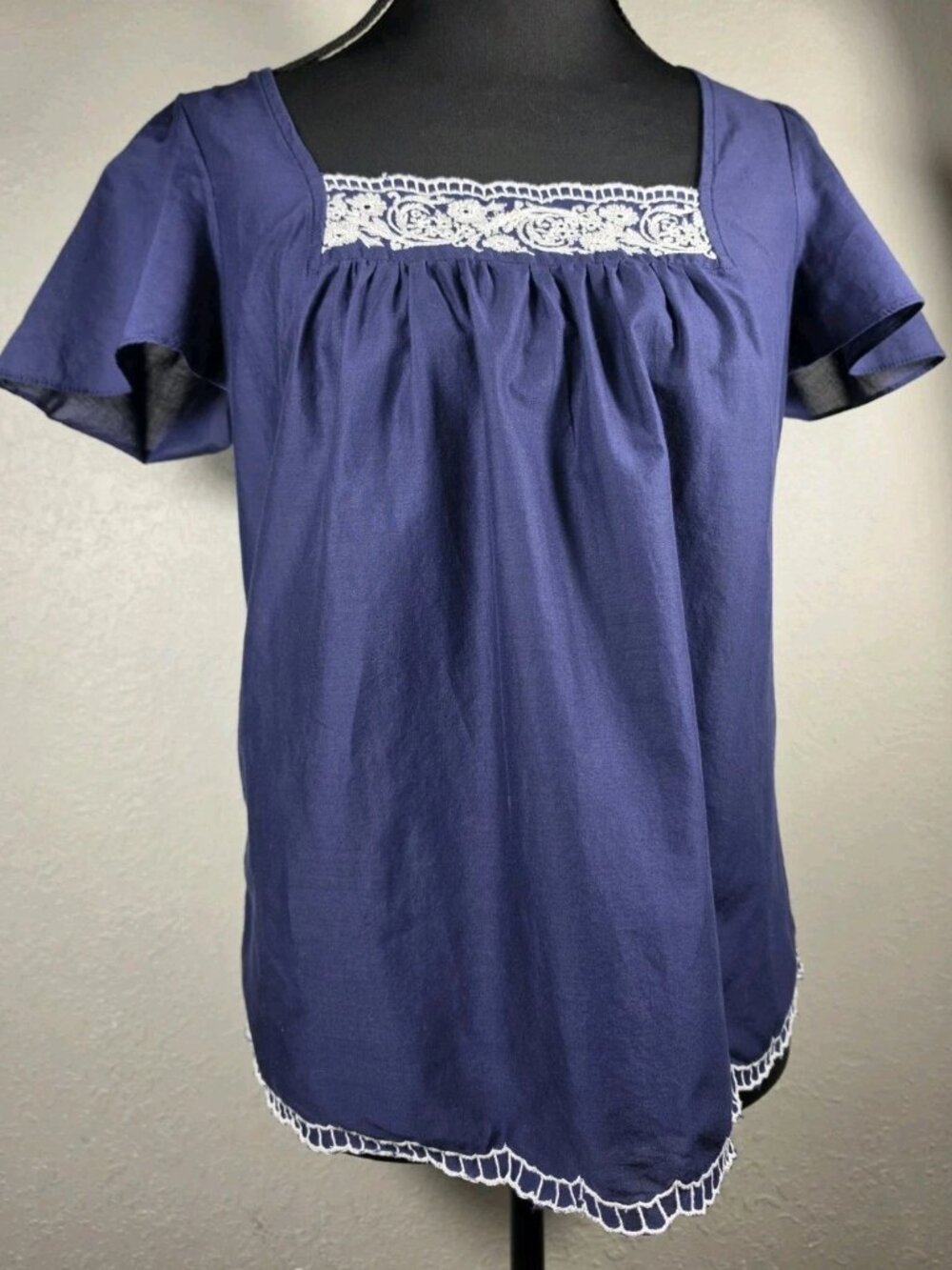 Ann Taylor LOFT Petites Blue White Trim Blouse Womens XXSP Shirt Top EUC